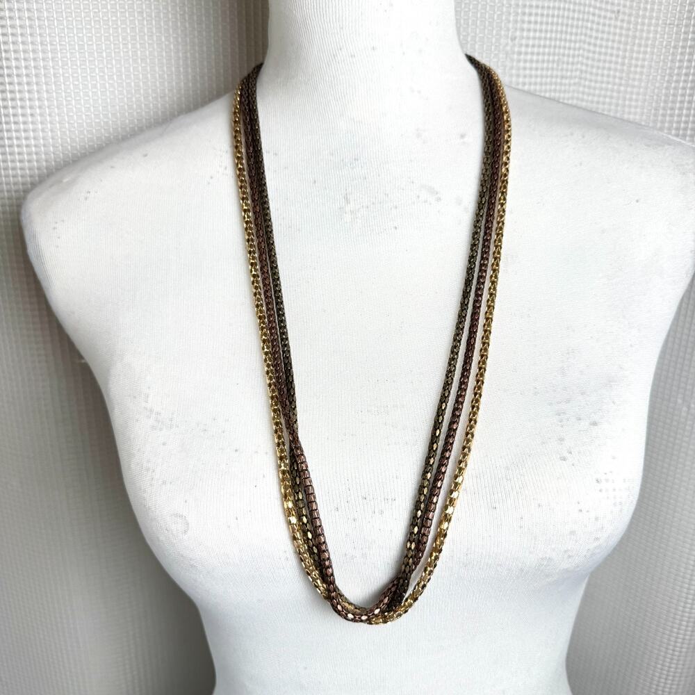 CHICO’S Three Strand Long Necklace Popcorn Style Chain Gold Bronze Antique Gold